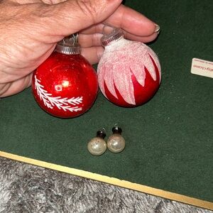 Vintage West Germany Red Holiday Ornaments Set of Small White Glass Ornaments